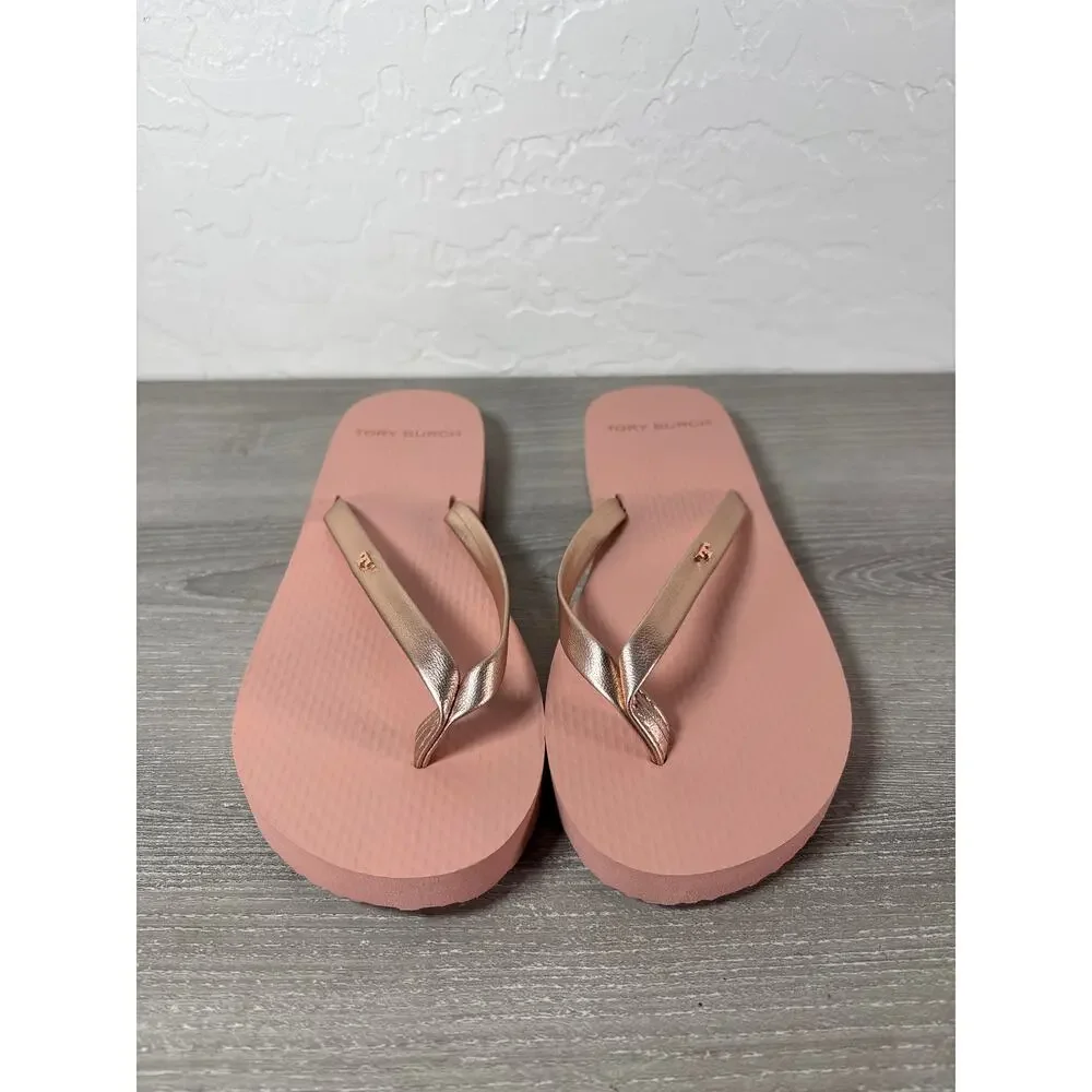 New! Tory Burch Metallic Rose‎ Gold Leather Flip Flop size 5 M